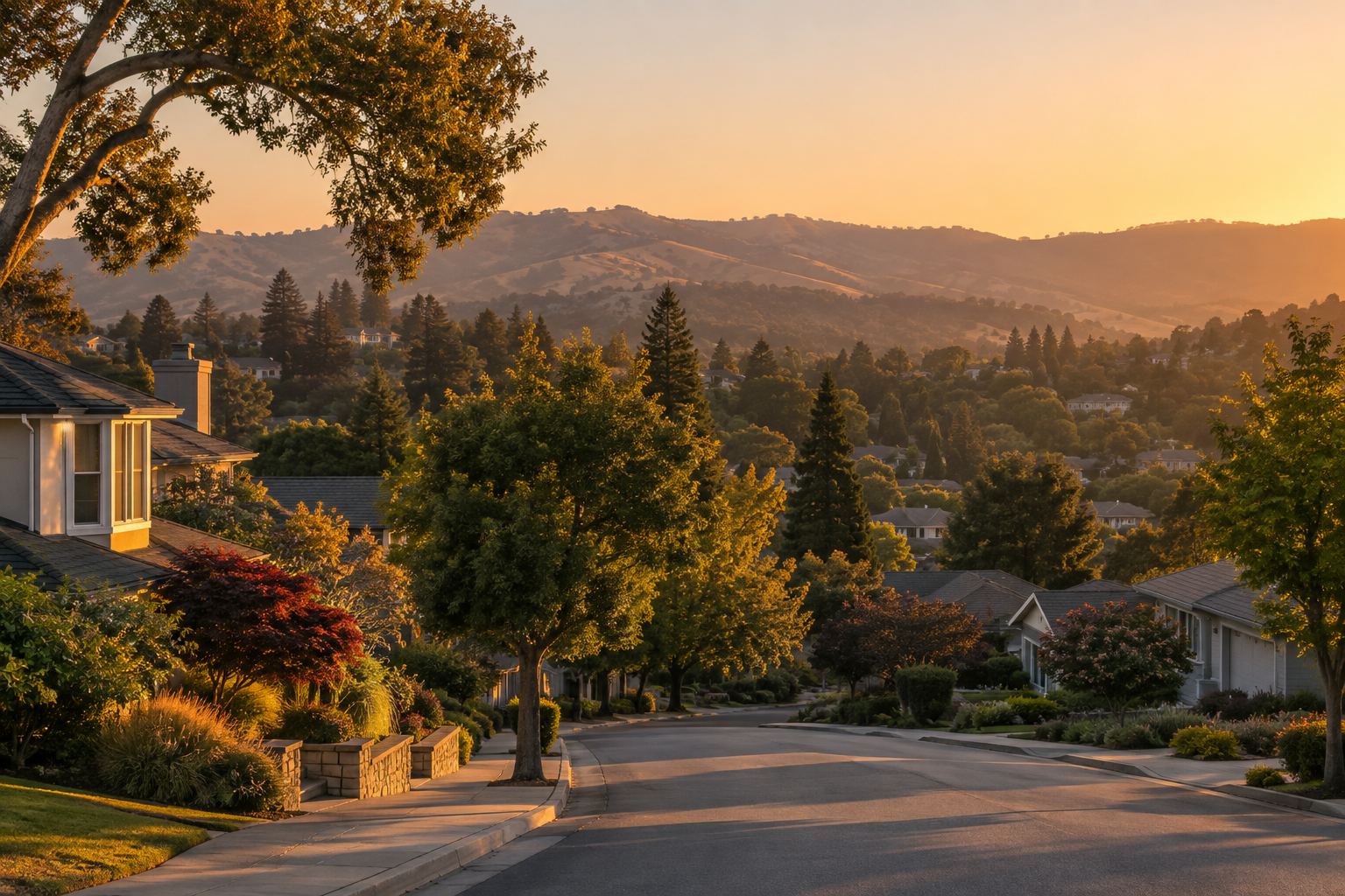 A quiet East Bay area residential street, illustrative