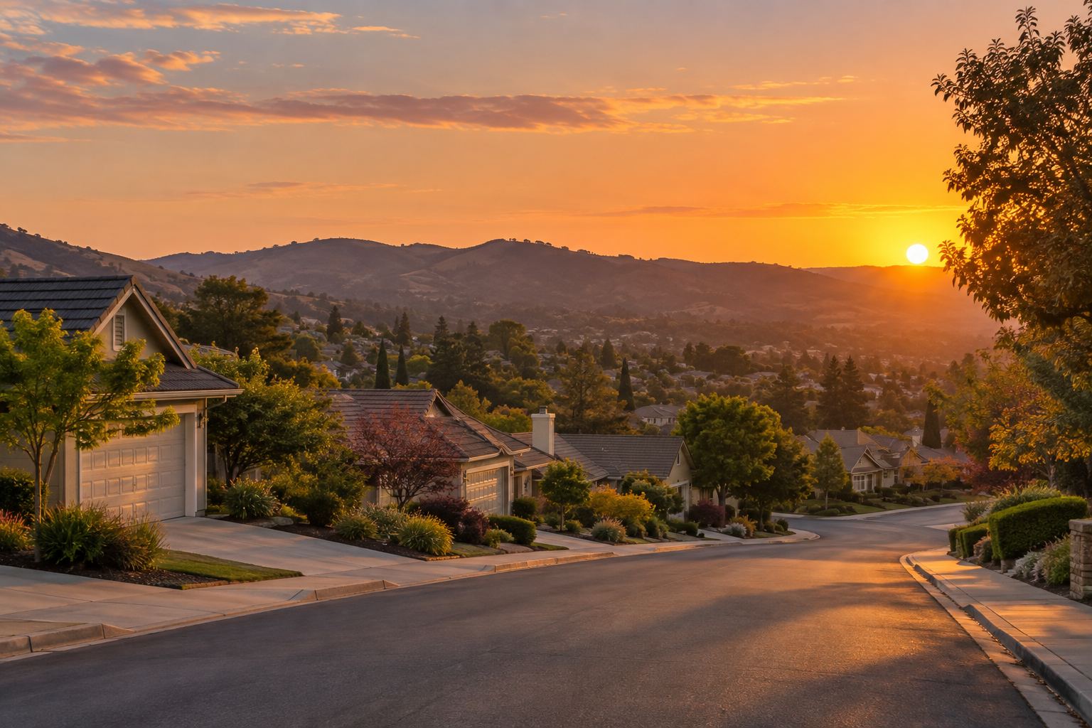 An East Bay area street at sunset, illustrative