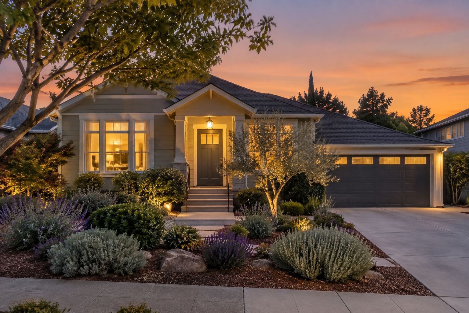 An East Bay area home exterior at dusk, illustrative