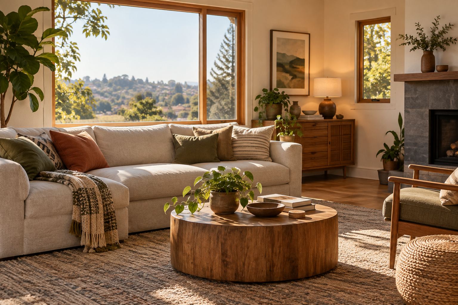 A cozy East Bay area living room, illustrative